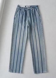 Fashion Blue High Waist Striped Patchwork Jeans Spring