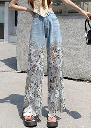 Fashion Blue Hollow Out Lace Patchwork Denim Pants Summer