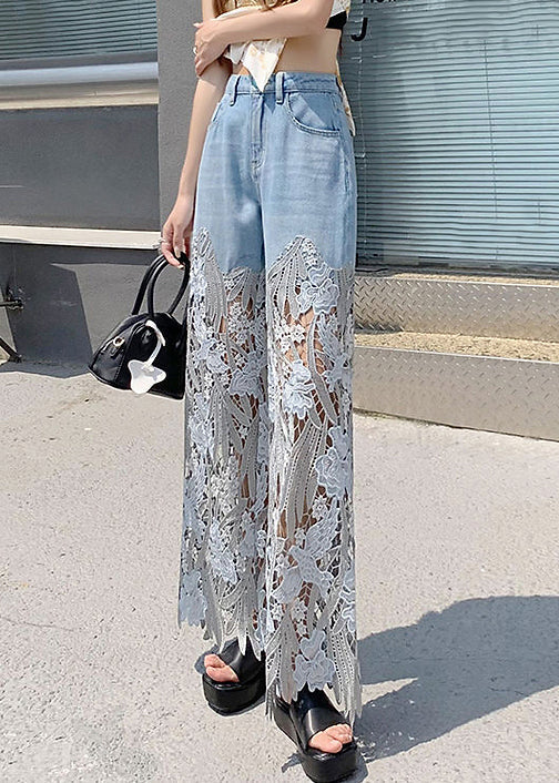 Fashion Blue Hollow Out Lace Patchwork Denim Pants Summer