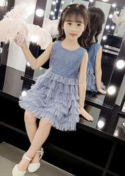 Fashion Blue O-Neck Embroideried Dot Patchwork Tulle Girls Party Mid Dress Sleeveless