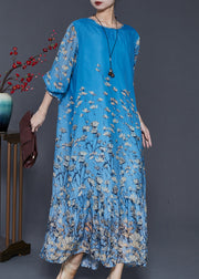 Fashion Blue Oversized Floral Silk Beach Dress Spring