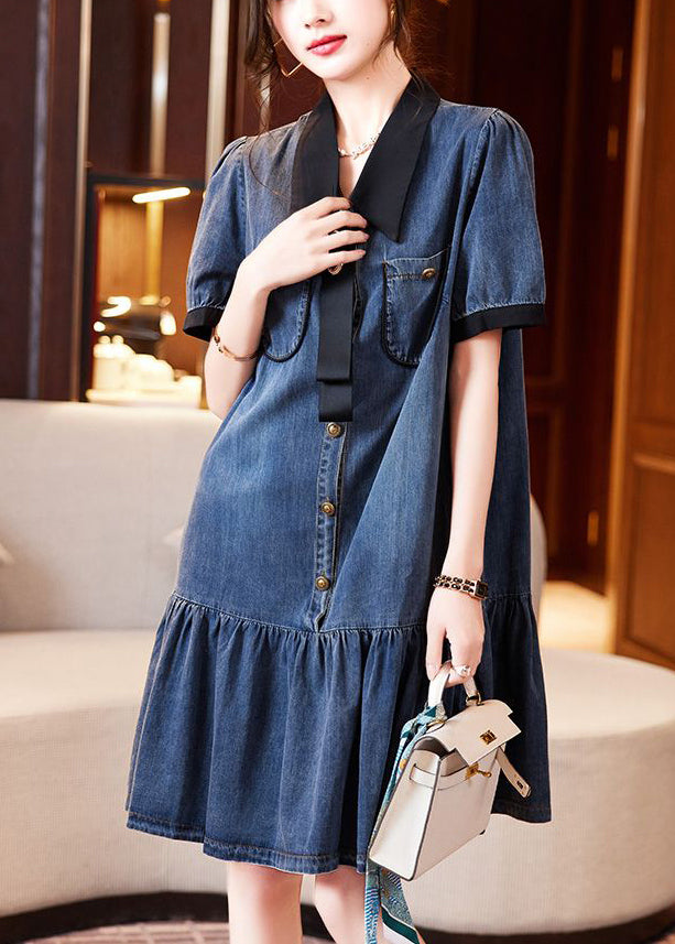 Fashion Blue Peter Pan Collar Patchwork Ruffles Denim Dresses Summer