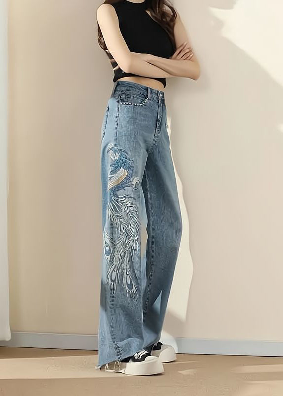 Fashion Blue Pockets Embroideried Nail Bead Denim Pants Spring