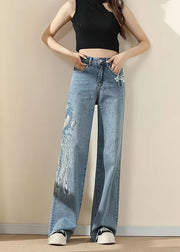 Fashion Blue Pockets Embroideried Nail Bead Denim Pants Spring