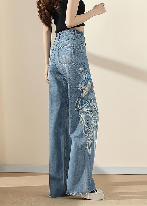 Fashion Blue Pockets Embroideried Nail Bead Denim Pants Spring