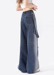 Fashion Blue Pockets Patch Denim Straight Pants Spring