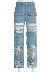 Fashion Blue Pockets Patchwork Ripped Jeans Summer