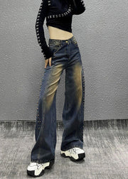 Fashion Blue Pockets Rivet High Waist Denim Wide Leg Pants Fall