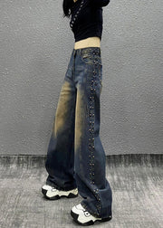 Fashion Blue Pockets Rivet High Waist Denim Wide Leg Pants Fall