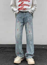 Fashion Blue Pockets Tie Dye Men Denim Straight Pants Fall