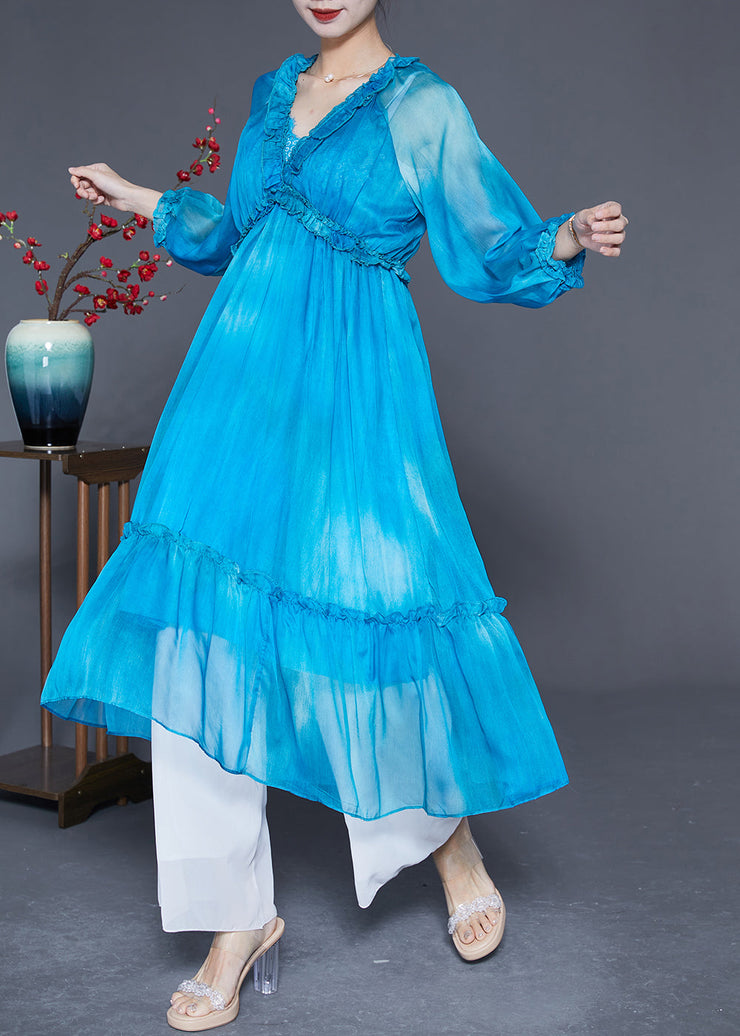 Fashion Blue Ruffled Exra Large Hem Silk Vacation Dresses Summer