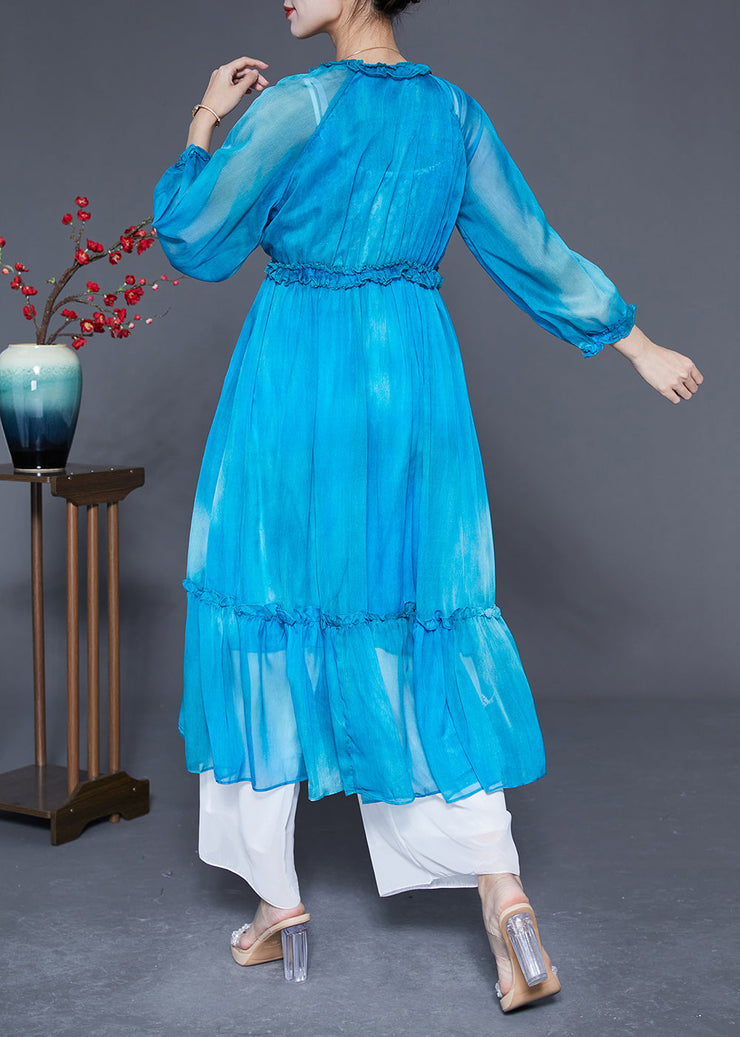 Fashion Blue Ruffled Exra Large Hem Silk Vacation Dresses Summer