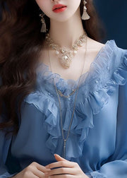 Fashion Blue Ruffled Solid Chiffon Tops Long Sleeve