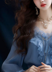 Fashion Blue Ruffled Solid Chiffon Tops Long Sleeve