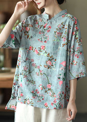 Fashion Blue Stand Collar Print Chinese Button Linen Shirt Half Sleeve