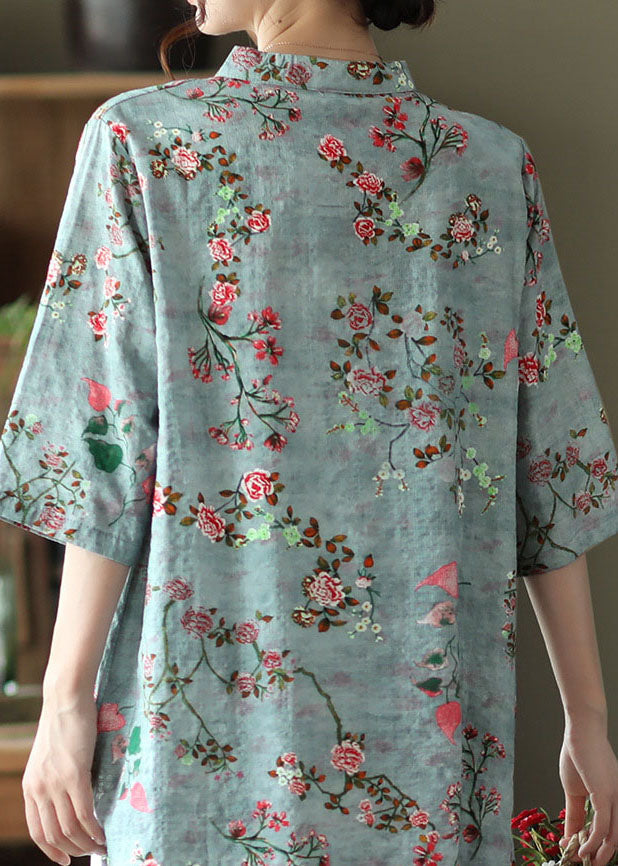 Fashion Blue Stand Collar Print Chinese Button Linen Shirt Half Sleeve