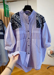 Fashion Blue Stand Collar Print Patchwork Shirt Fall