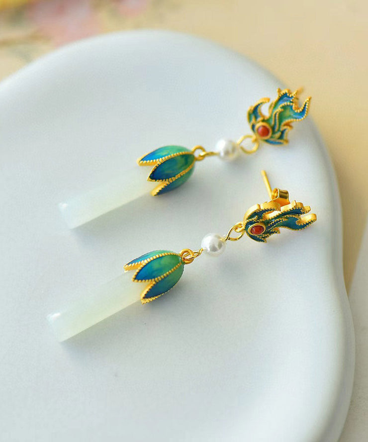 Fashion Blue Sterling Silver Jade Agate Enamel Drop Earrings