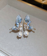 Fashion Blue Sterling Silver Zircon Pearl Crystal Butterfly Water Droplet Drop Earrings