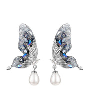 Fashion Blue Sterling Silver Zircon Pearl Crystal Butterfly Water Droplet Drop Earrings