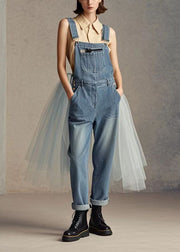 Fashion Blue Tulle Patchwork Denim Jumpsuit Spring