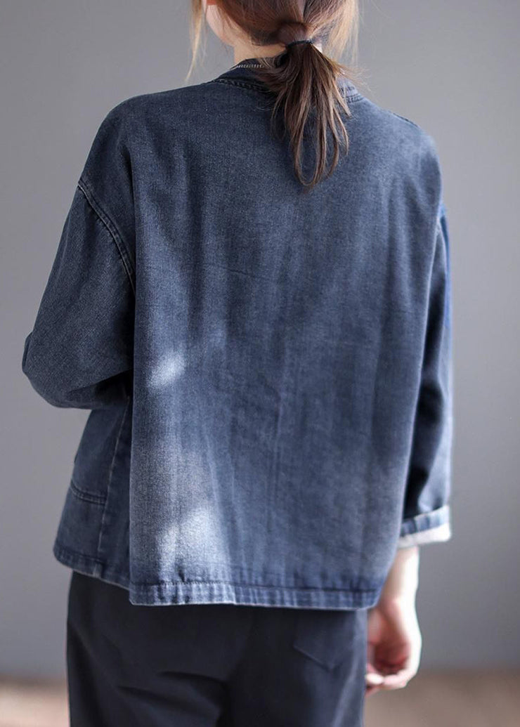 Fashion Blue V Neck Embroideried Patchwork Button Pockets Cotton Denim Coat Long Sleeve