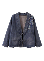 Fashion Blue V Neck Embroideried Patchwork Button Pockets Cotton Denim Coat Long Sleeve