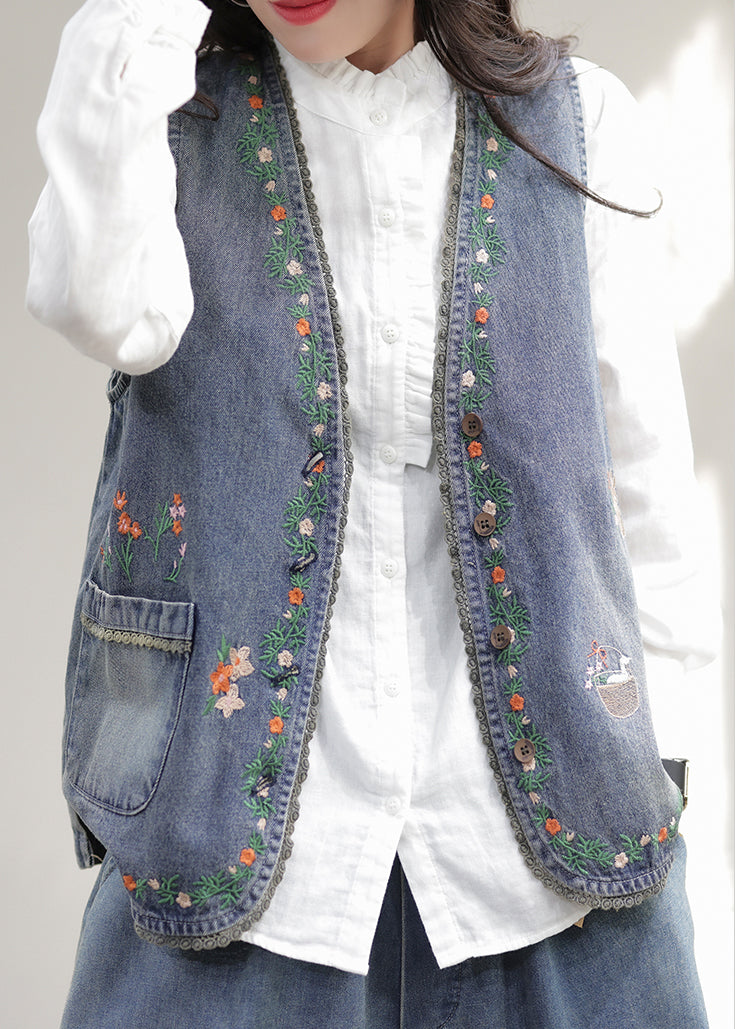 Fashion Blue V Neck Embroideried Patchwork Denim Waistcoat Sleeveless