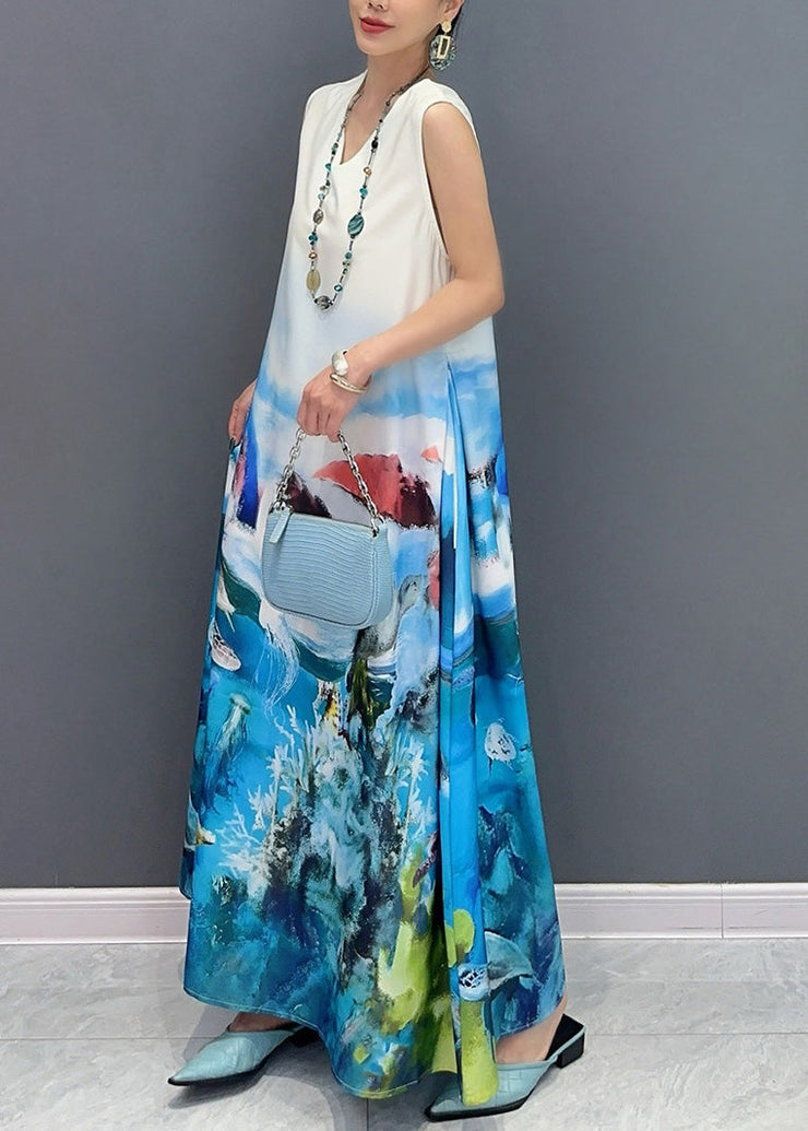 Fashion Blue V Neck Print Long Dress Sleeveless