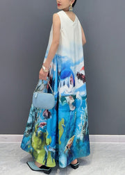 Fashion Blue V Neck Print Long Dress Sleeveless