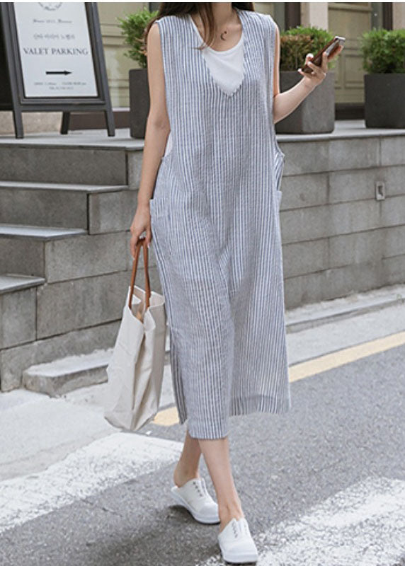 Fashion Blue V Neck Side Open Striped Cotton Beach Dress Summer