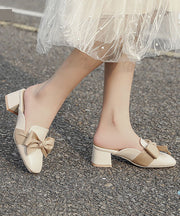 Fashion Bow Splicing Chunky Heel Beige Faux Leather