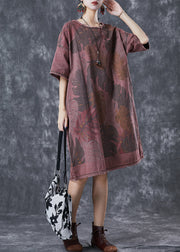 Fashion Brick Red Oversized Print Denim Dresses Winter