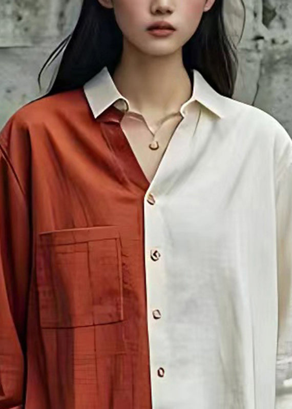 Fashion Brick Red Peter Pan Collar Patchwork Shirts Long Sleeve