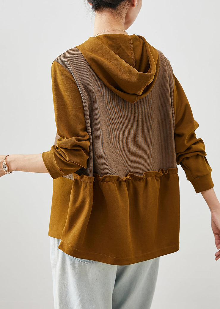 Fashion Brown Asymmetrical Patchwork Cotton Sweatshirts Top Fall