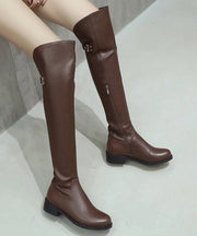 Fashion Brown Chunky Cowhide Leather Zippered Wool Lined Knee Boots