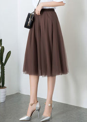 Fashion Brown High Waist Exra Large Hem Tulle Pleated Skirt Spring