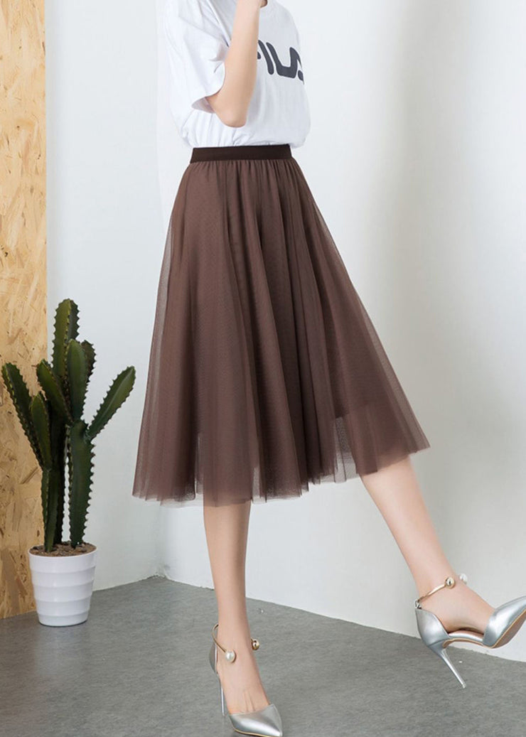 Fashion Brown High Waist Exra Large Hem Tulle Pleated Skirt Spring