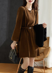 Fashion Brown Thick Cotton Tunic Dress Spring