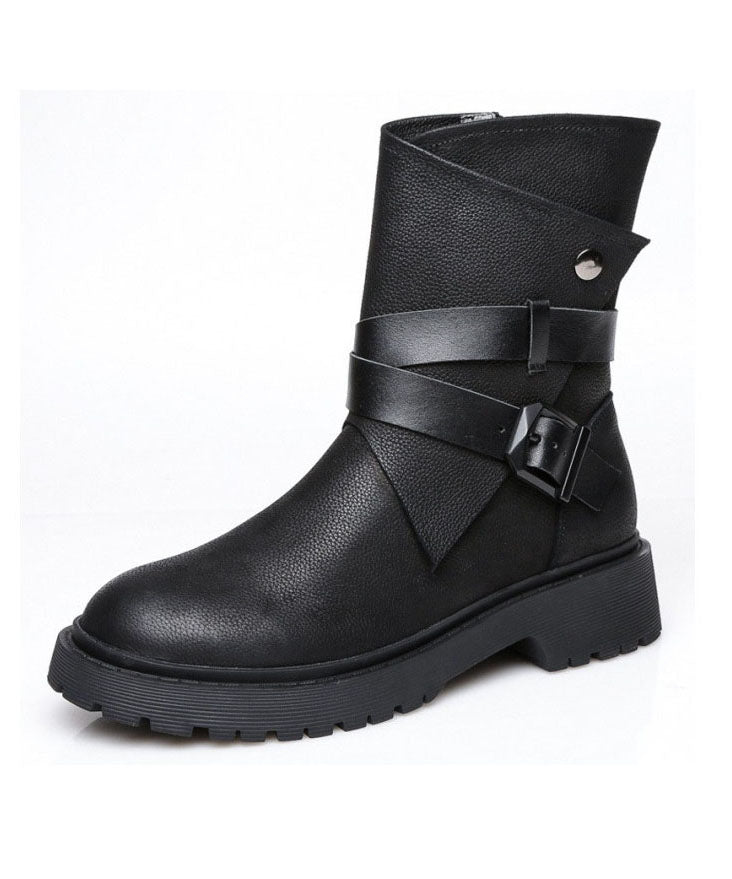 Fashion Buckle Strap Zippered Splicing Platform Boots Black Cowhide Leather