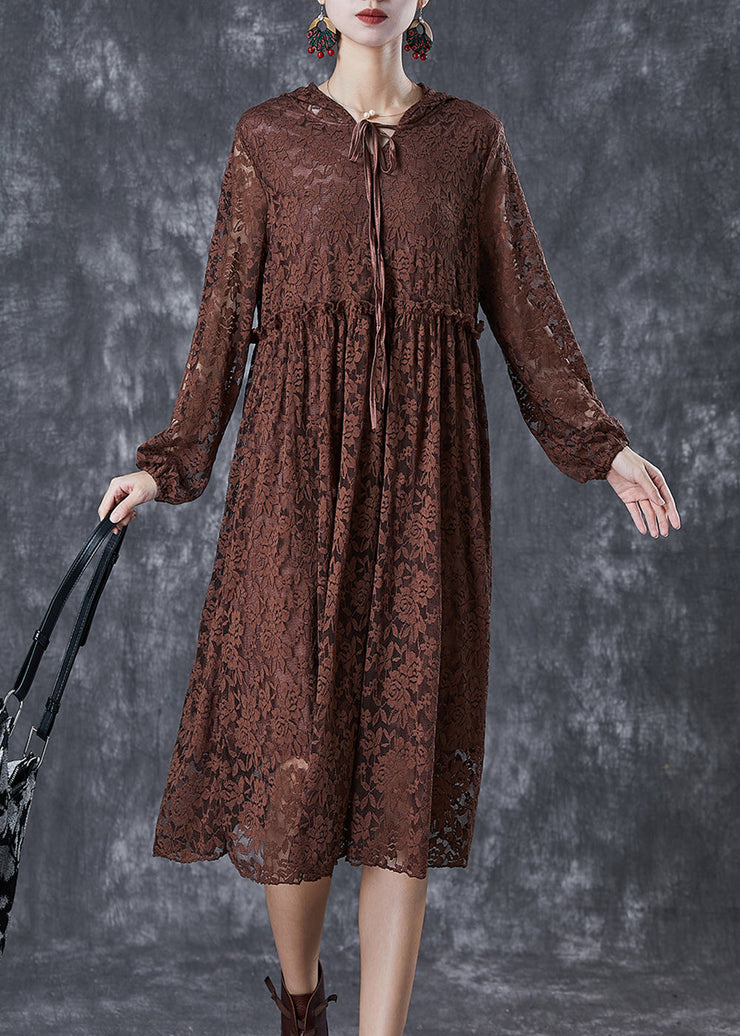 Fashion Chocolate Ruffled Hollow Out Lace Long Dresses Fall