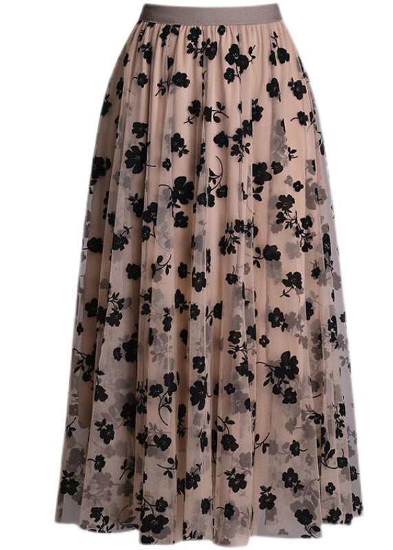 Fashion Chocolate High Waist Print Tulle A Line Skirts Spring