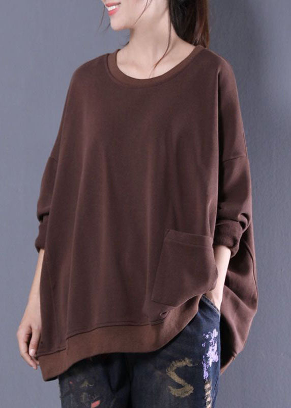 Fashion Chocolate Oversized Pocket Solid Contton Sweatshirt Tops Winter