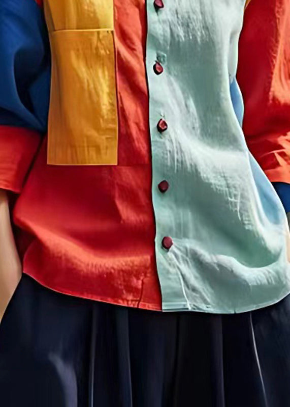 Fashion Colorblock Peter Pan Collar Button Shirts Fall