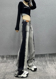 Fashion Colorblock Pockets High Waist Denim Wide Leg Pants Fall