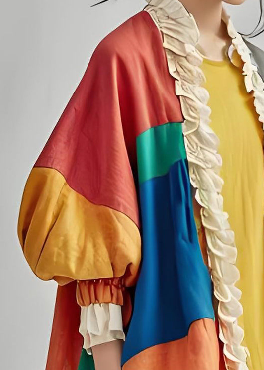 Fashion Colorblock Ruffled Patchwork Cotton Cardigan Lantern Sleeve