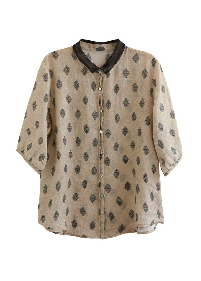 Fashion Colour 1 Peter Pan Collar Print Button Linen Shirt Half Sleeve