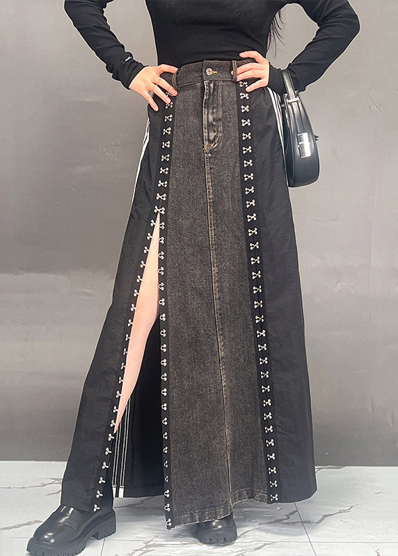 Fashion Dark Grey Patchwork Side Open Denim Skirts Fall