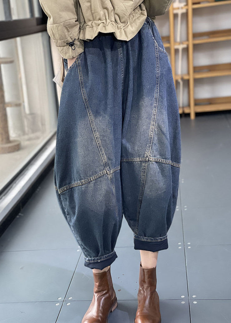 Fashion Denim Blue Elastic Waist Oversized Patchwork Cotton Harem Pants Fall