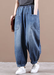 Fashion Denim Blue Elastic Waist Pockets Patchwork Cotton Harem Pants Fall